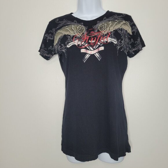 Sinful black wing distressed hems short sleeve cyber grunge goth emo shirt med - Picture 1 of 6